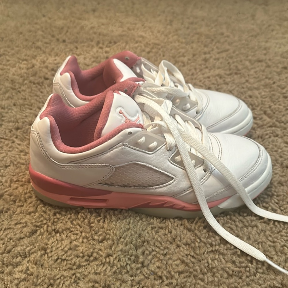 Pink and white big girl air Jordan 5’s